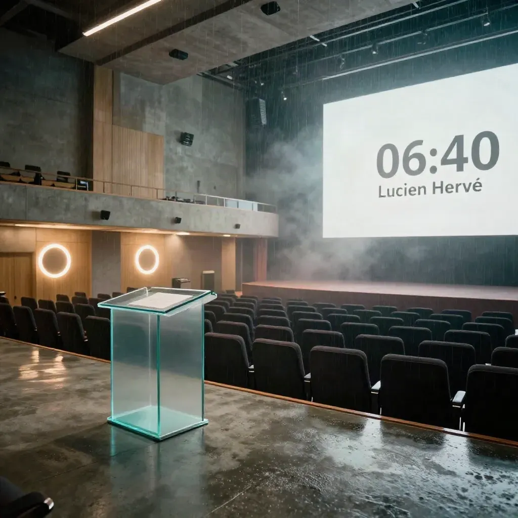 Auditorium vide au lever du jour, podium en verre, sièges et lumière cyan sur sol mouillé.