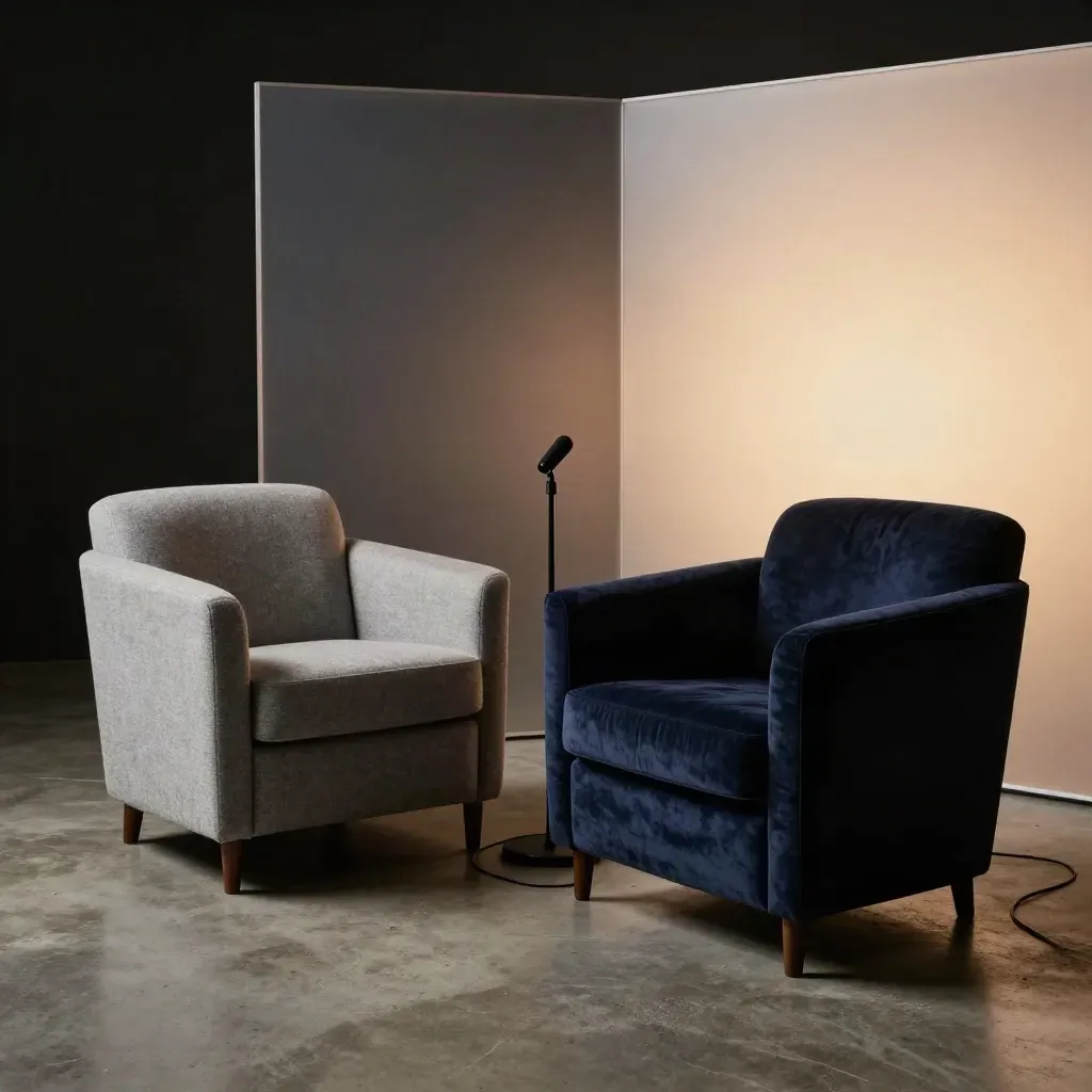 Coin de plateau vidéo vide, deux fauteuils, micro discret et halo de fond, après enregistrement.