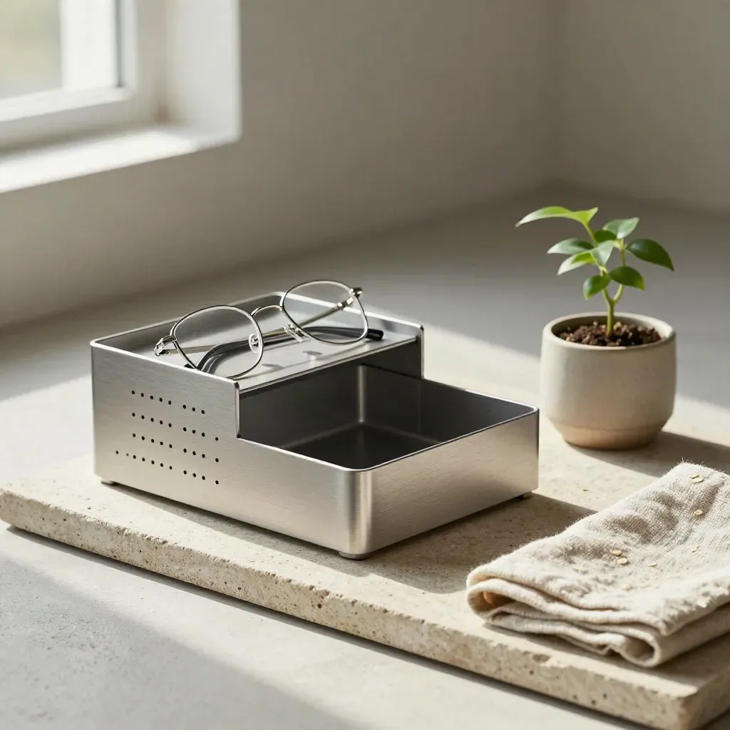Organiseur de bureau en métal, lunettes, chargeur et plante sur dalle de pierre.